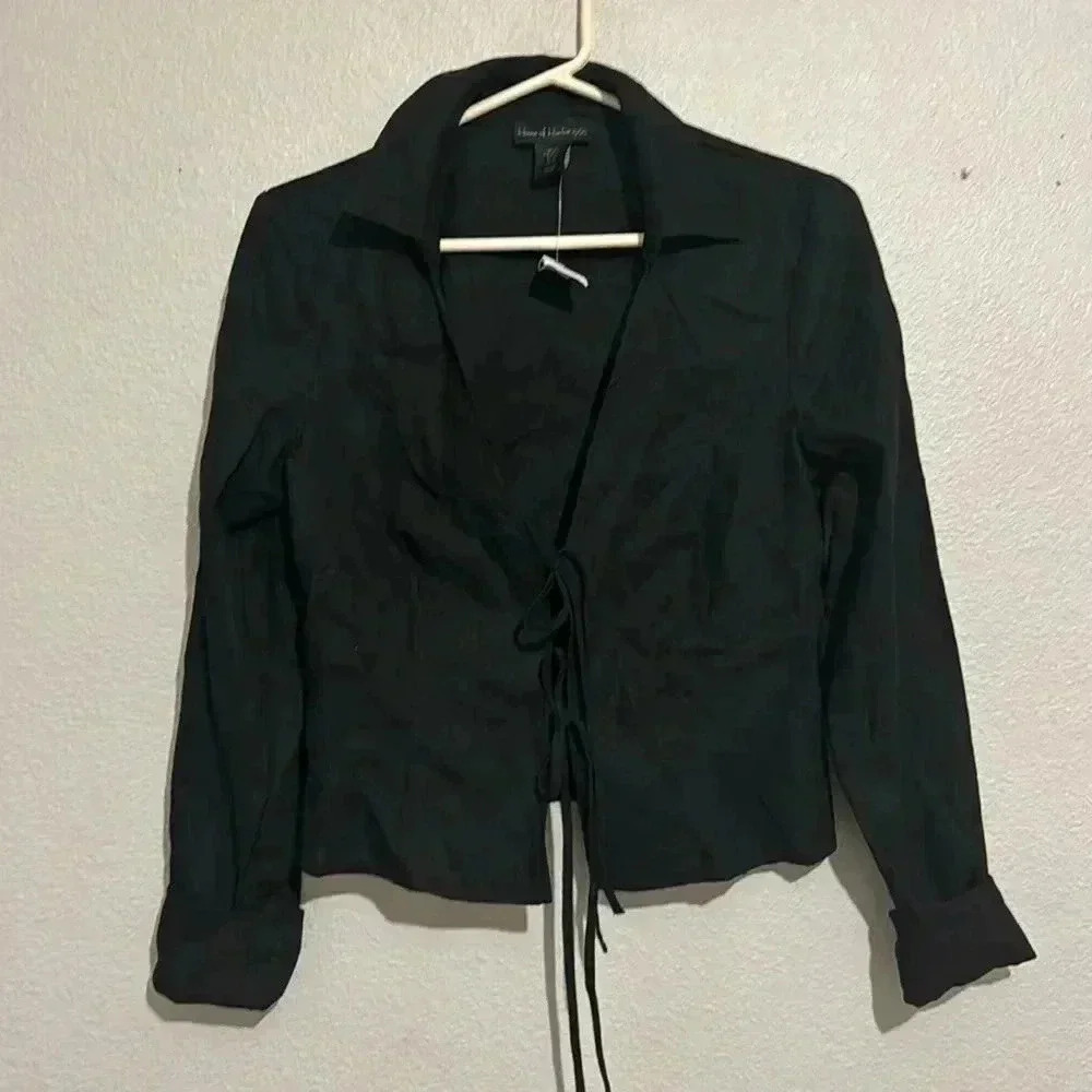 House of Harlow 1960 Ribbed Tie Front Black Linen Long Sleeve Top